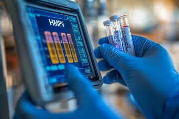 digital compact device displaying the words "HMPV", which shows a positive test for Influenza A, Zoster or Bouquet Anthrax