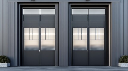 Fototapeta premium Contemporary Black Metal Garage Doors on Modern Building : Generative AI