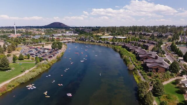 Adventurous Waters: Aerial Drone Shot of the Deschutes River with River Rafting in Bend, Oregon