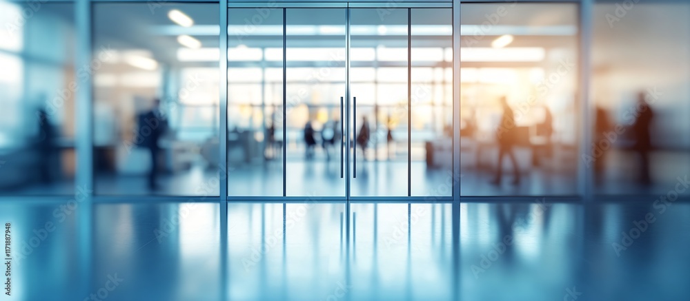 Poster contemporary office layout with glass walls and dynamic business environment : generative ai