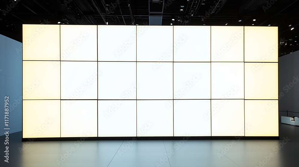 Poster Large illuminated display wall at modern art gallery exhibition : Generative AI