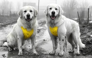 Obraz premium In a downpour, two golden retrievers explore the forest