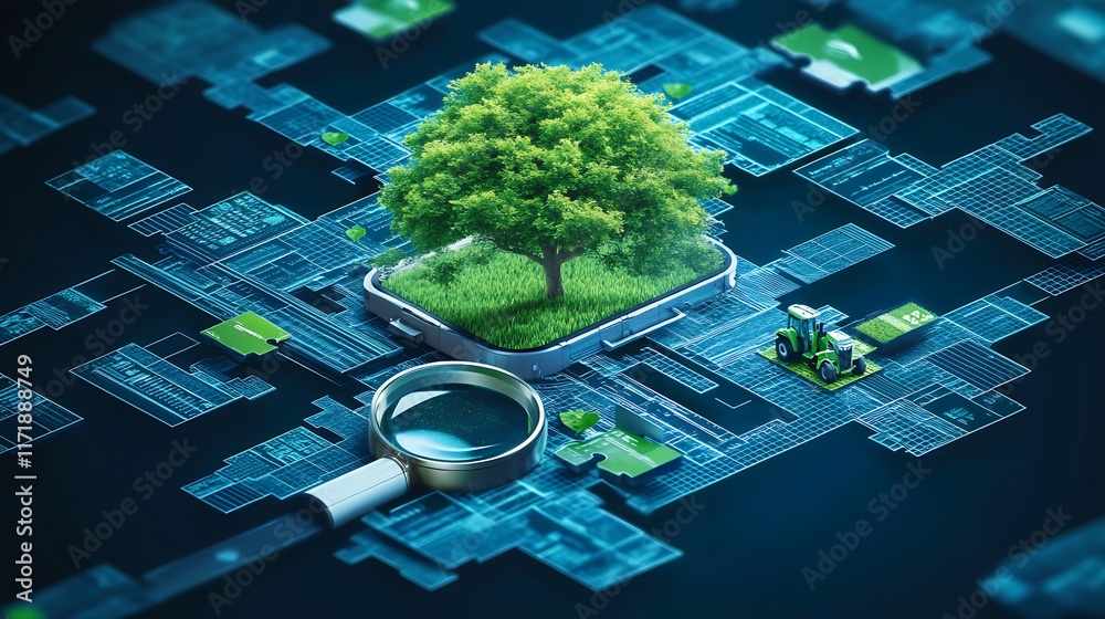 Poster innovative sustainable farming with digital blueprints and magnification : generative ai