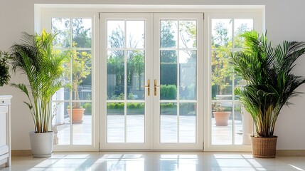 Fototapeta premium Bright Living Room with Large Glass Doors and Green Potted Plants Letting in Natural Light : Generative AI