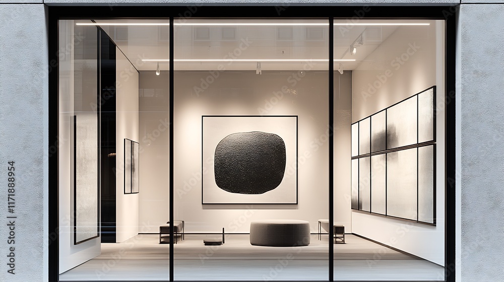 Poster modern art gallery exterior view with large abstract painting and minimalist decor : generative ai
