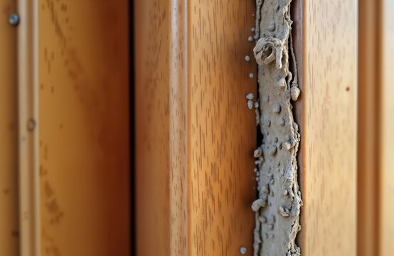 Closeup view of termite damage on wooden door. Visible termite tunnels, mud tubes indicate pest activity. Aged wood shows signs of deterioration. Door material presents natural wood grain pattern.