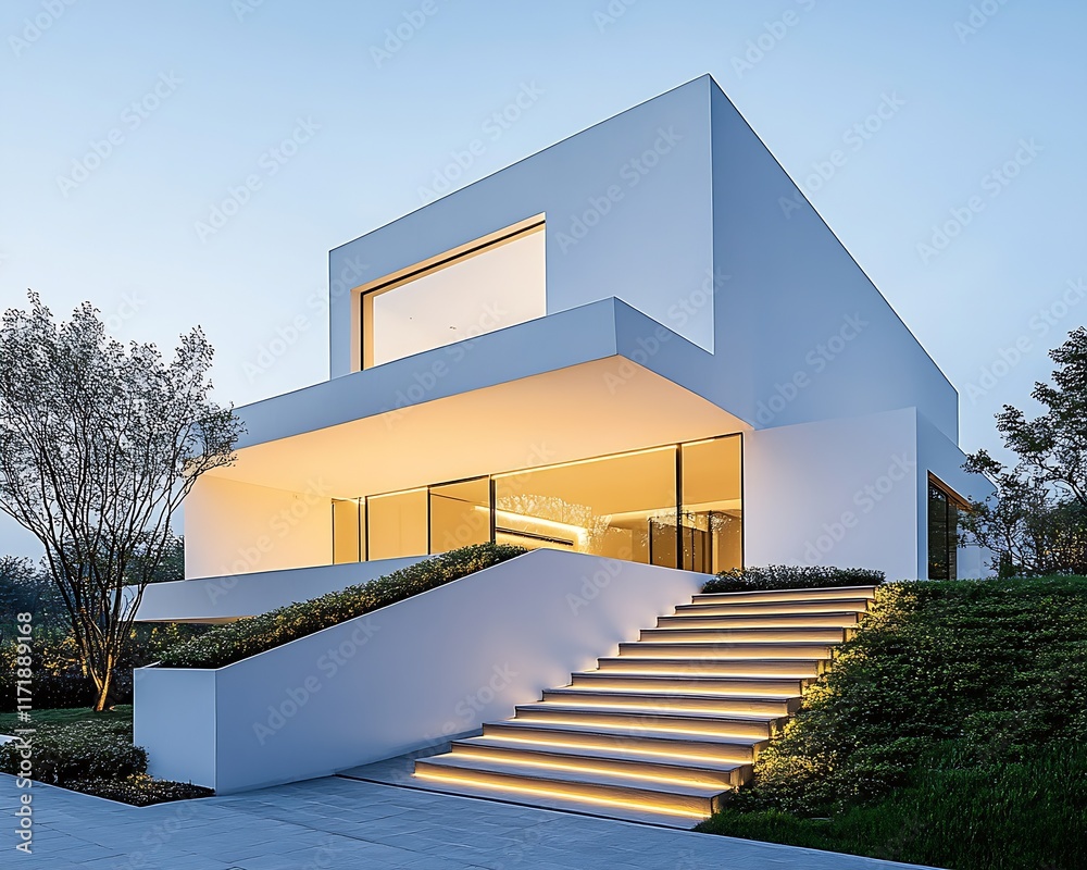 Poster Contemporary Architectural Home with Soft Ambient Lighting on Entryway : Generative AI