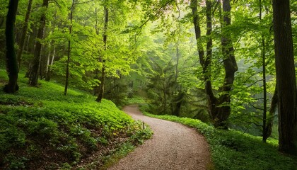 Obraz premium A Winding Path through a Forest of Fresh Green Leaves
