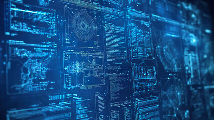 Obraz premium Bright blue panels with technical schematics in a futuristic interface full of details and advanced technology. Generated with AI.