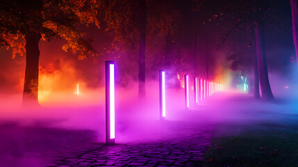 Colorful LED Lights Outlining a Misty Festival Scene