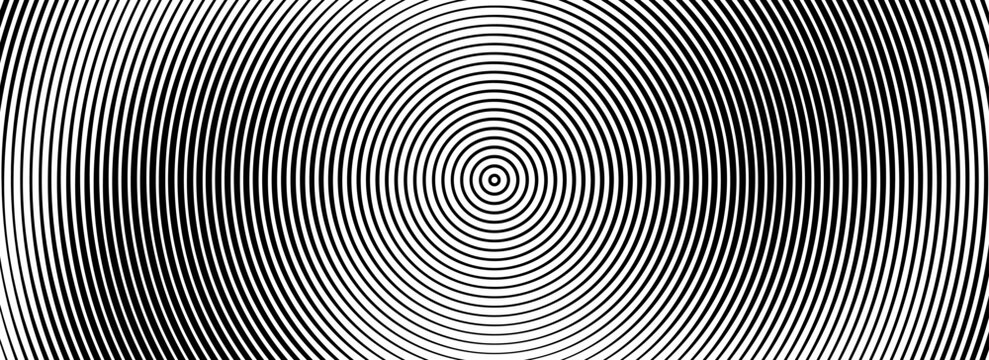 Black concentric circle background. Radial geometric pattern wallpaper. Line epicenter, radar or target concept. Round rippled ring backdrop for brochure, banner, poster, overlay. Vector texture