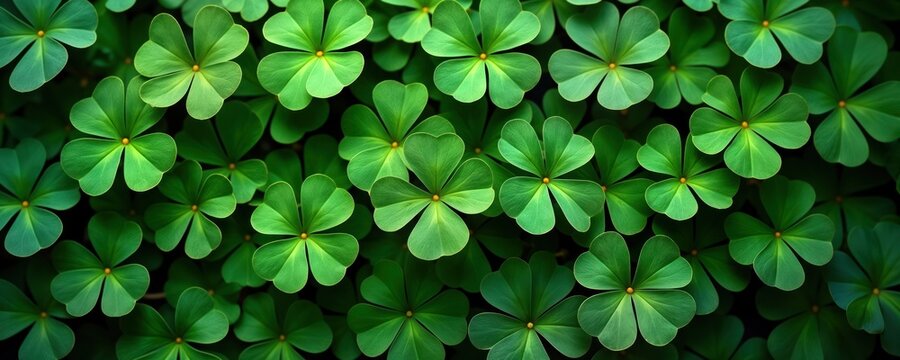 Close up view of clover leaves. Vibrant green shamrocks form natural background. Pattern of lucky clover leaves suitable for St Patricks Day. Image shows plant growth. Spring summer theme. Perfect