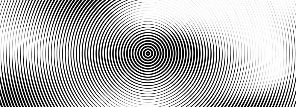 Black concentric circle background. Radial geometric pattern texture. Line epicenter, radar or target concept. Round rippled ring wallpaper for brochure, template, poster, overlay. Vector