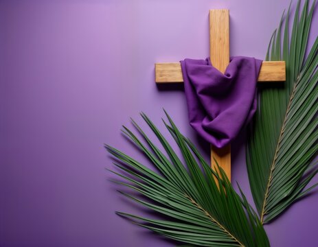 Purple background with wooden cross, palm leaves. Religious symbol for Good Friday, Lent. Lent season concept. Christian faith. Holy week. Religious background. Prayer. Faith. Hope. Celebration. - Powered by Adobe