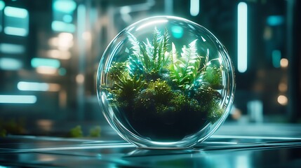 Cutting-Edge Bioluminescent Plant Sphere with Dynamic Neon Light Surround : Generative AI