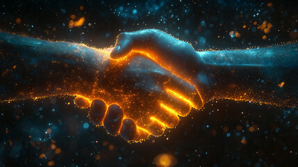 Two glowing hands clasp in a digital handshake, symbolizing collaboration, technological progress, and a futuristic partnership agreement.