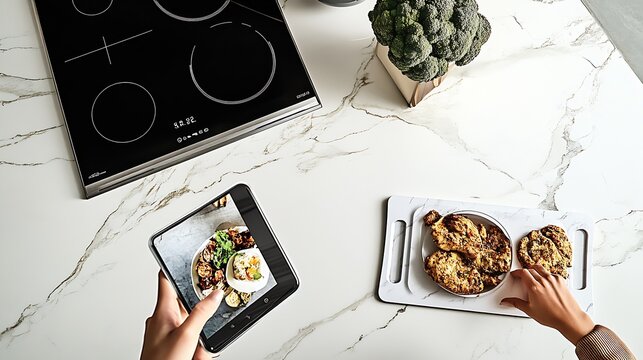 Tech-savvy kitchen with hands using tablet to prepare meal by sleek induction cooktop : Generative AI