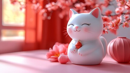 White cute cat toy on a pink background. Cartoon character.