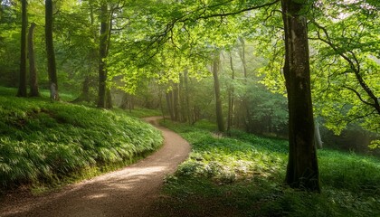 Obraz premium A Winding Path through a Forest of Fresh Green Leaves