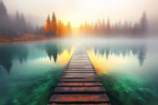 Crestasee - Lake Cresta in June is depicted in a broad landscape, located within the municipalities of Flims and Trin in the Grisons, Switzerland, where a wooden dock is a prominent feature.