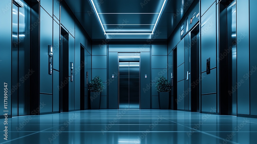 Poster stylish modern elevator lobby with futuristic blue tones and polished floor reflecting sleek design 