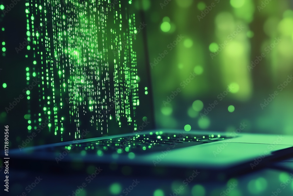 Poster Futuristic Digital Rain on Laptop Screen Representing Data Cybersecurity and Information Flow : Generative AI