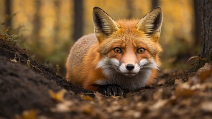 Fototapeta premium Zorro acostado en el suelo en un entorno forestal otoñal, con colores cálidos y serenos