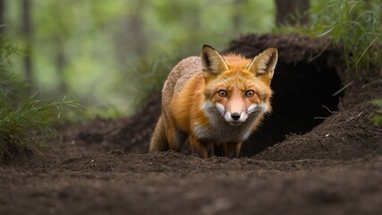 Adorable zorro en un entorno forestal, destacando su comportamiento y entorno natural en la entrada de una madriguera