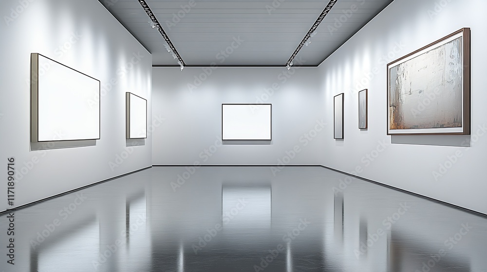 Poster Contemporary Art Gallery with Modernist Paintings on Display in Minimalist Setting : Generative AI
