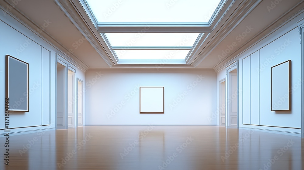 Poster Elegant Modern Gallery Interior with Skylight and Light Walls for Art Display : Generative AI