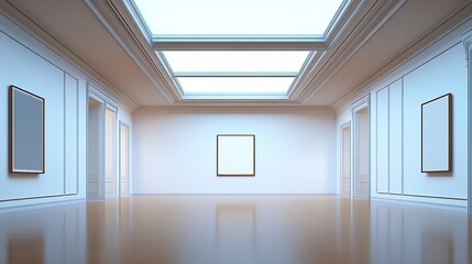 Fototapeta premium Elegant Modern Gallery Interior with Skylight and Light Walls for Art Display : Generative AI