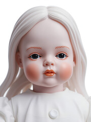 Close-up of a porcelain doll with detailed facial features, isolated on a white background