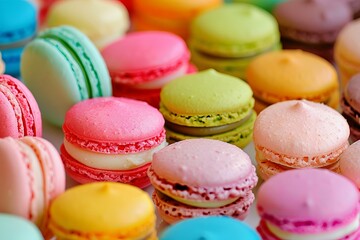 Obraz premium Close up of rows of vibrant macarons, showcasing a variety of colors and flavors