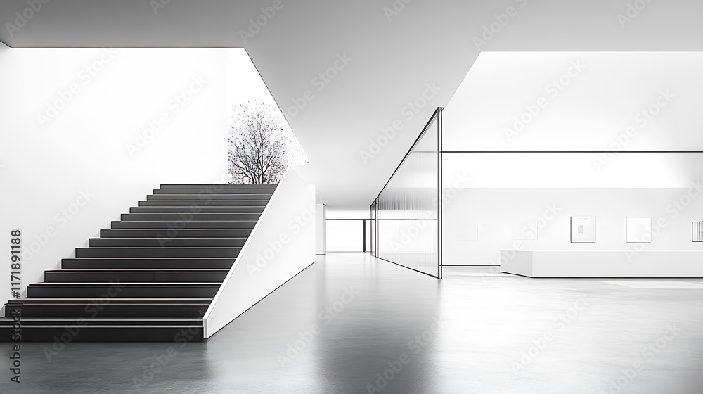 Poster Bright Minimalist White Interior With Sleek Staircase And Open Spacious Design : Generative AI