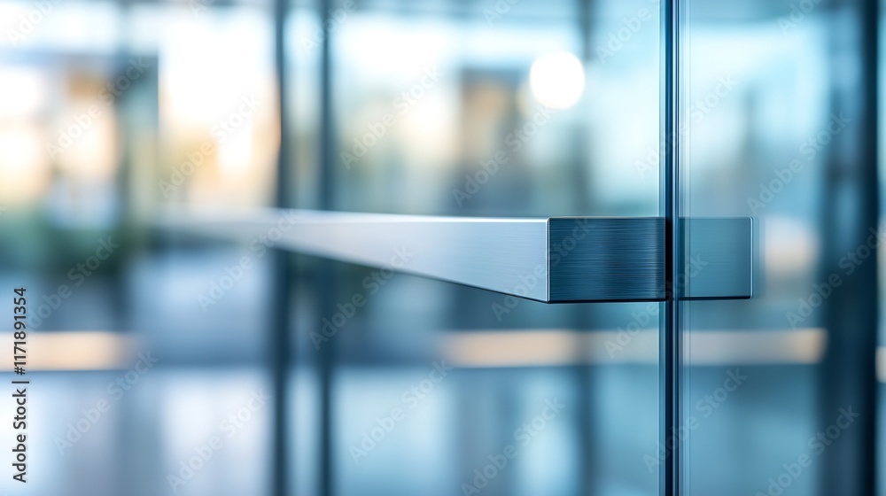 Poster contemporary office setting emphasizing glass door hardware with sleek chromatic tones : generative 