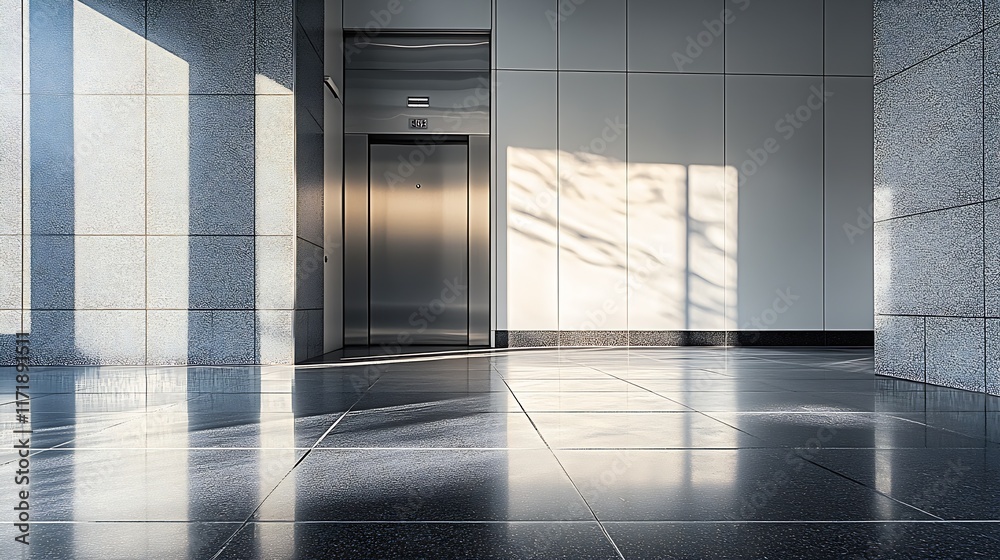 Poster Sunlit Modern Elevator Lobby with Reflective Floor and Shadow Patterns : Generative AI