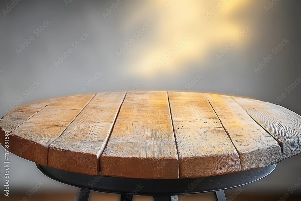 Poster wooden round table top with abstract shadows on white wall background for product mockup display