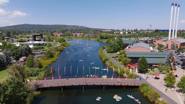 Adventurous Waters: Aerial Drone Shot of the Deschutes River with River Rafting in Bend, Oregon