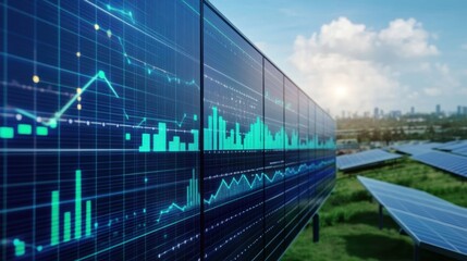 Digital display showing positive statistics about a solar panel farm, suggesting increasing investments and financial success in renewable energy