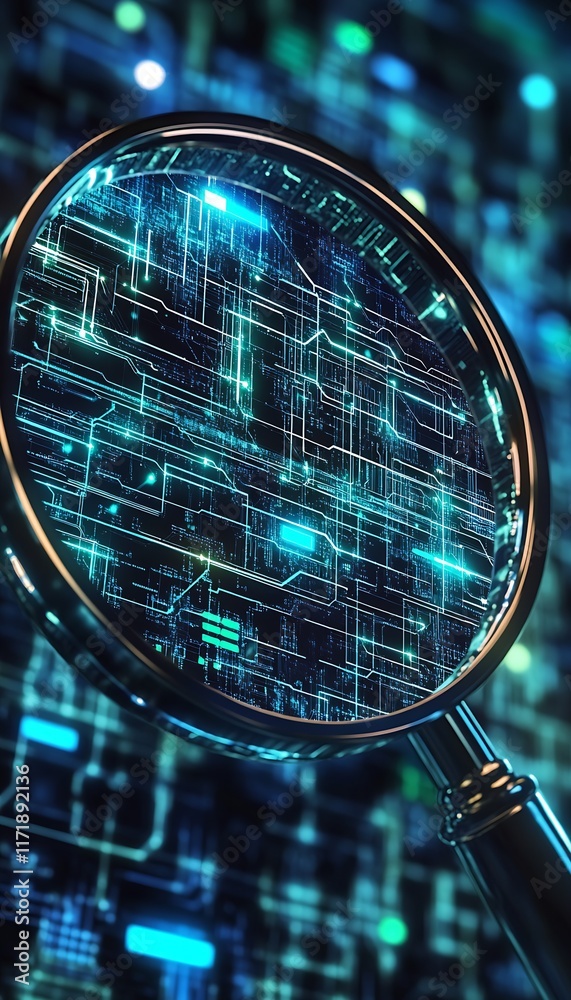 Poster Close-up of Magnifying Glass Viewing Electronic Circuit Board Details : Generative AI