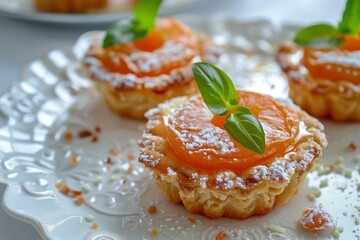 Small apricot tarts sitting on a white decorative plate, garnished with fresh basil leaves and sprinkled with icing sugar