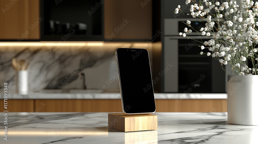 Poster side view of smartphone on marble counter in modern kitchen setting with flowers : generative ai