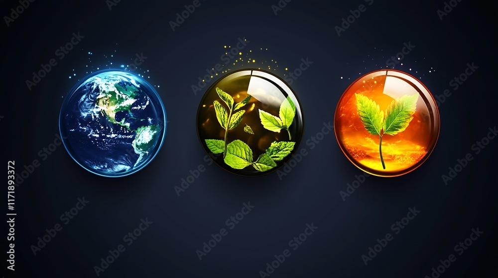 Aufkleber Representations of Earth Fire and Nature with Elemental Glass Orbs in Dark Setting : Generative AI