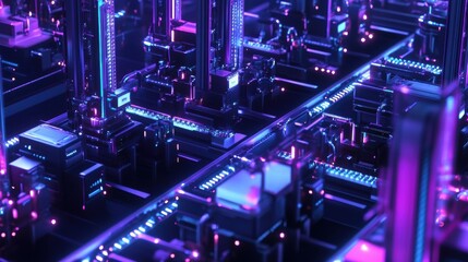 Fototapeta premium Complex network of interconnected structures forming a futuristic cityscape, illuminated by vibrant neon lights, creating a mesmerizing cyberpunk atmosphere