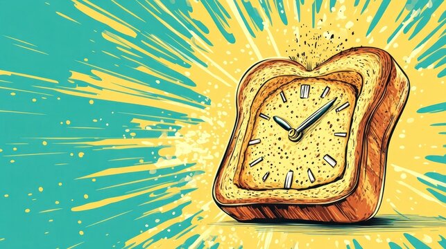 Alarm clock slice of toast exploding in a burst of vibrant energy and dynamic impact symbolizing the potential for transformation and progress