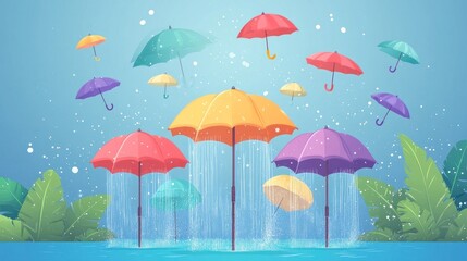 Obraz premium of a rainy landscape with a variety of colorful umbrellas floating in the air creating a vibrant and whimsical atmosphere against a backdrop of a stormy wet environment