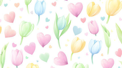 Gentle Floral Design with Tulips and Hearts in Pastels