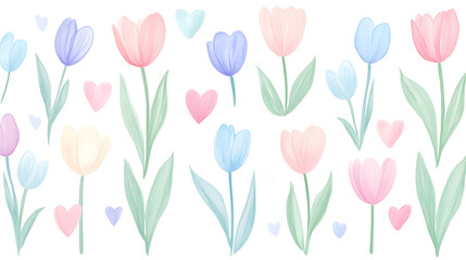 Simple Floral Pattern of Tulips and Hearts in Pastel Colors