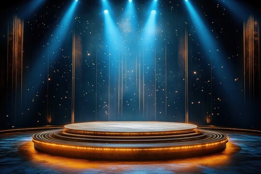 Illuminated Empty Stage with Circular Platform and Blue Spotlights Ready for Gold Decorated Performance