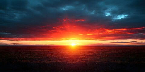 Fiery sunset over a vast, flat landscape.
